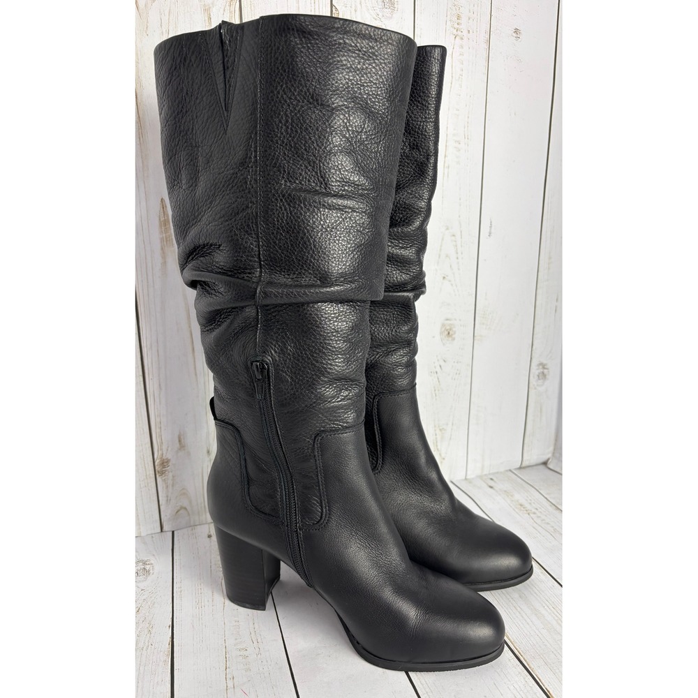 Vionic‎ Lolita Black Pebbled Leather Slouchy Tall Block Heel Boots Womens 7
